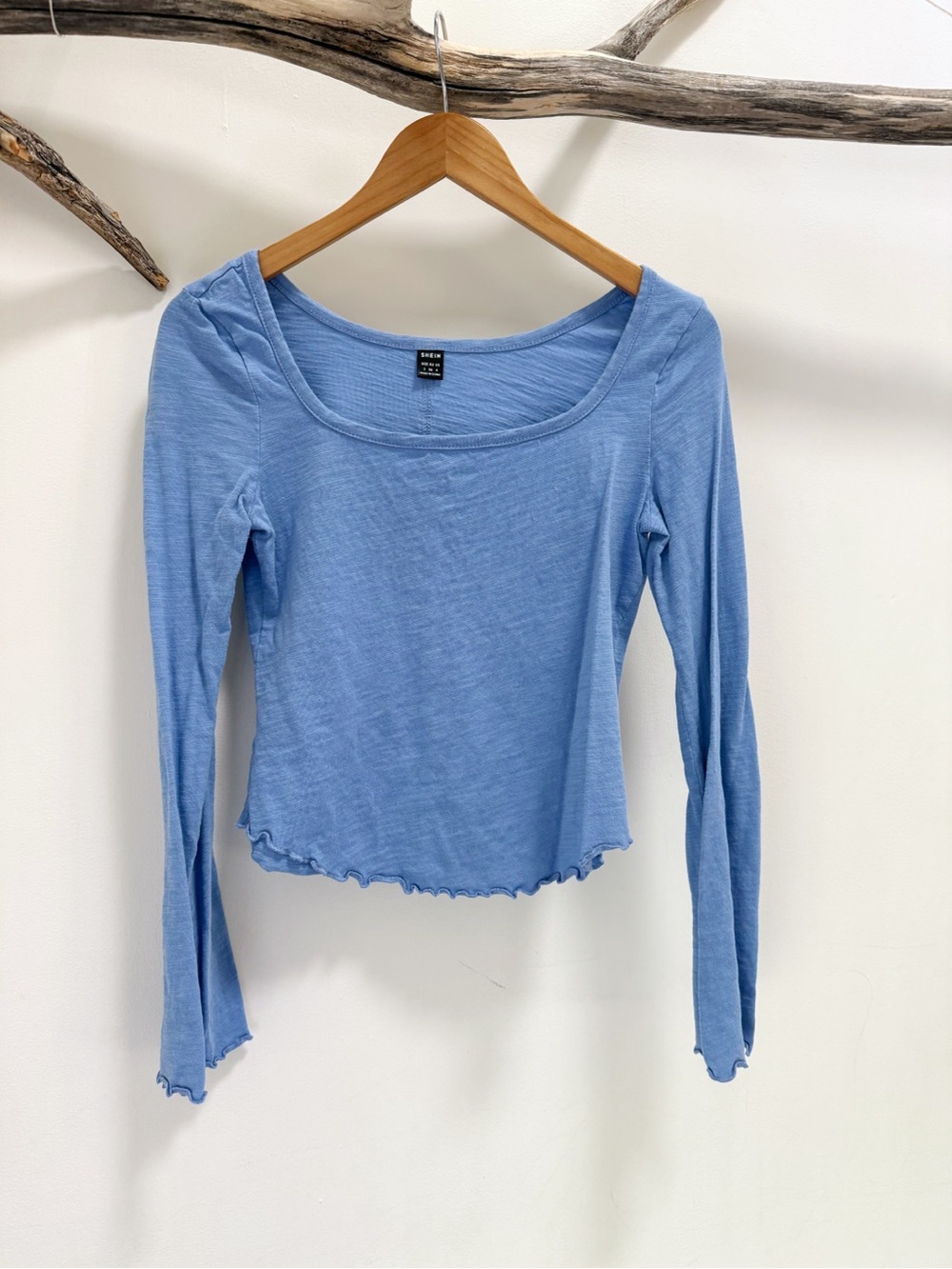 Shein Bohemela Long Sleeve Lettuce Edge Sky Blue Scoop Hem Top Bohemian Small